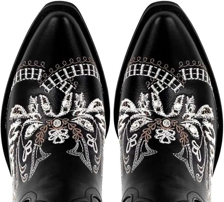 richealnini Women's Metallic Boots Embroidered Western Cowgirl Boots Pull-On Tab Knee High Booties with Crystal Outside Dress