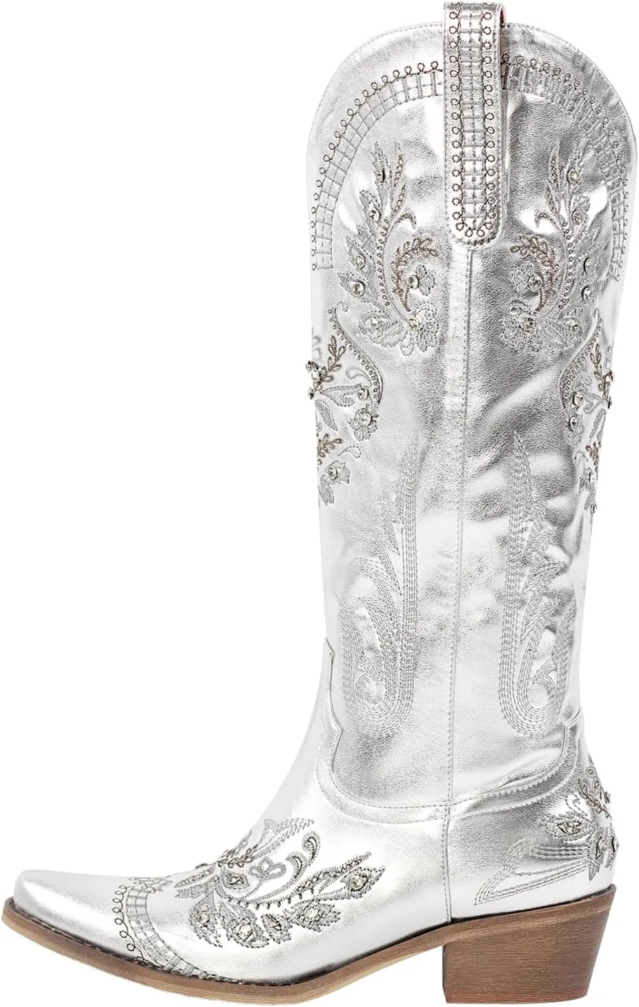 richealnini Women's Metallic Boots Embroidered Western Cowgirl Boots Pull-On Tab Knee High Booties with Crystal Outside Dress