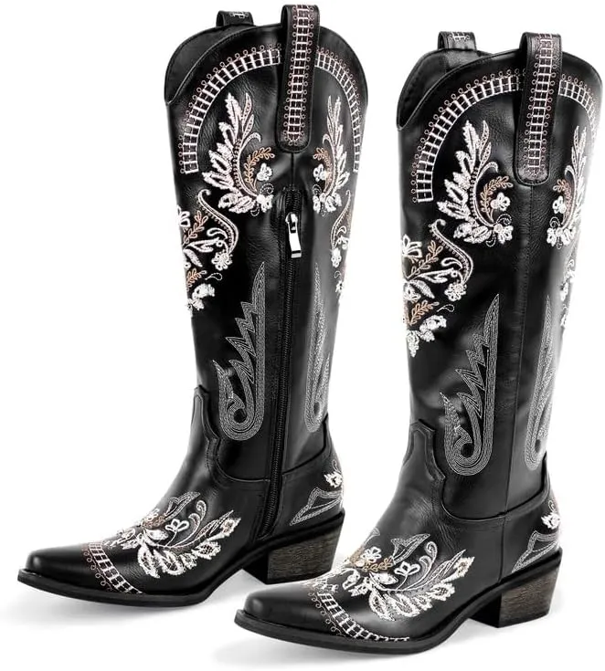 richealnini Women's Metallic Boots Embroidered Western Cowgirl Boots Pull-On Tab Knee High Booties with Crystal Outside Dress