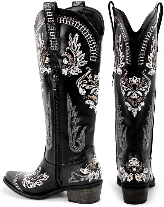 richealnini Women's Metallic Boots Embroidered Western Cowgirl Boots Pull-On Tab Knee High Booties with Crystal Outside Dress