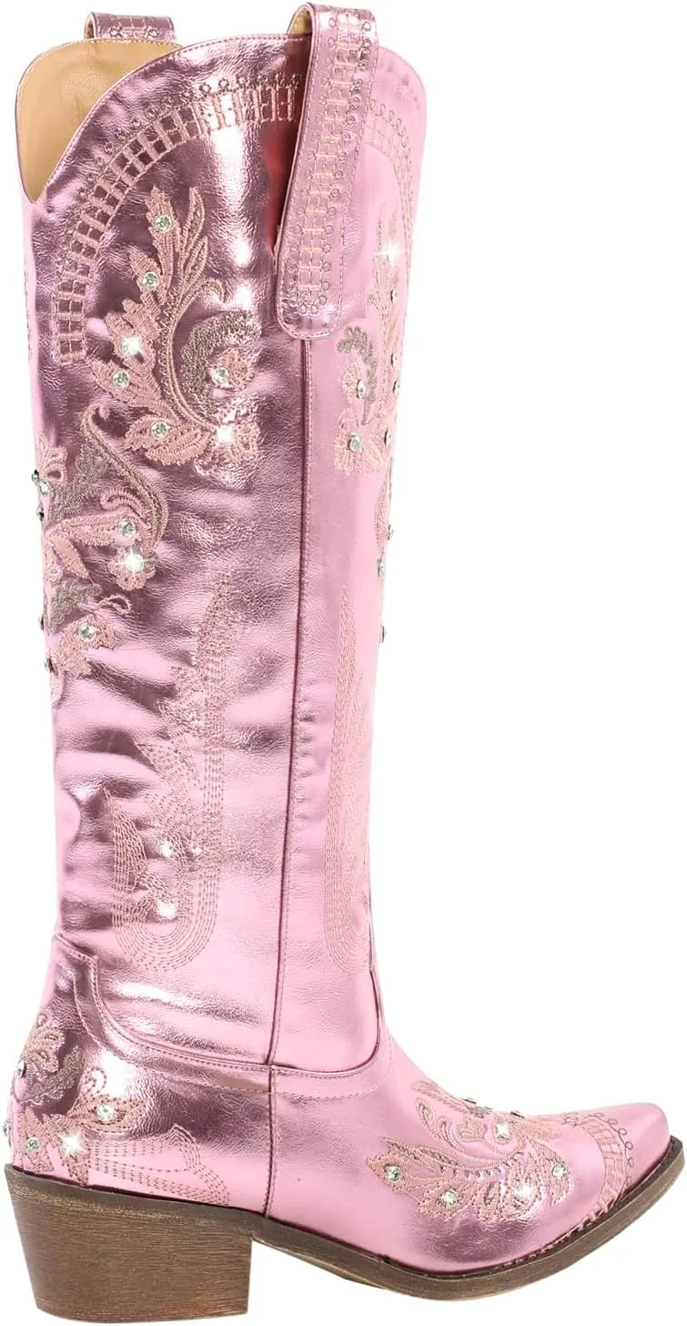 richealnini Women's Metallic Boots Embroidered Western Cowgirl Boots Pull-On Tab Knee High Booties with Crystal Outside Dress