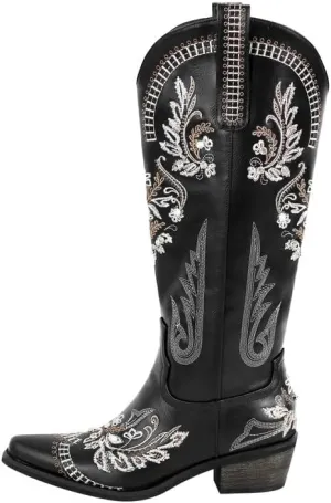 richealnini Women's Metallic Boots Embroidered Western Cowgirl Boots Pull-On Tab Knee High Booties with Crystal Outside Dress