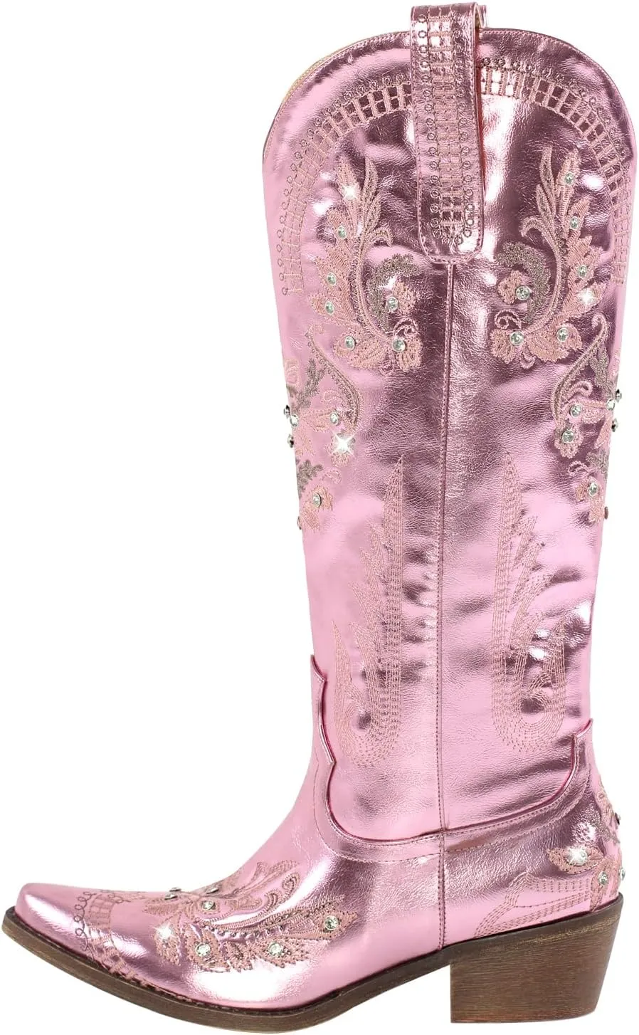 richealnini Women's Metallic Boots Embroidered Western Cowgirl Boots Pull-On Tab Knee High Booties with Crystal Outside Dress