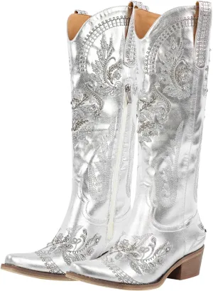 richealnini Women's Metallic Boots Embroidered Western Cowgirl Boots Pull-On Tab Knee High Booties with Crystal Outside Dress