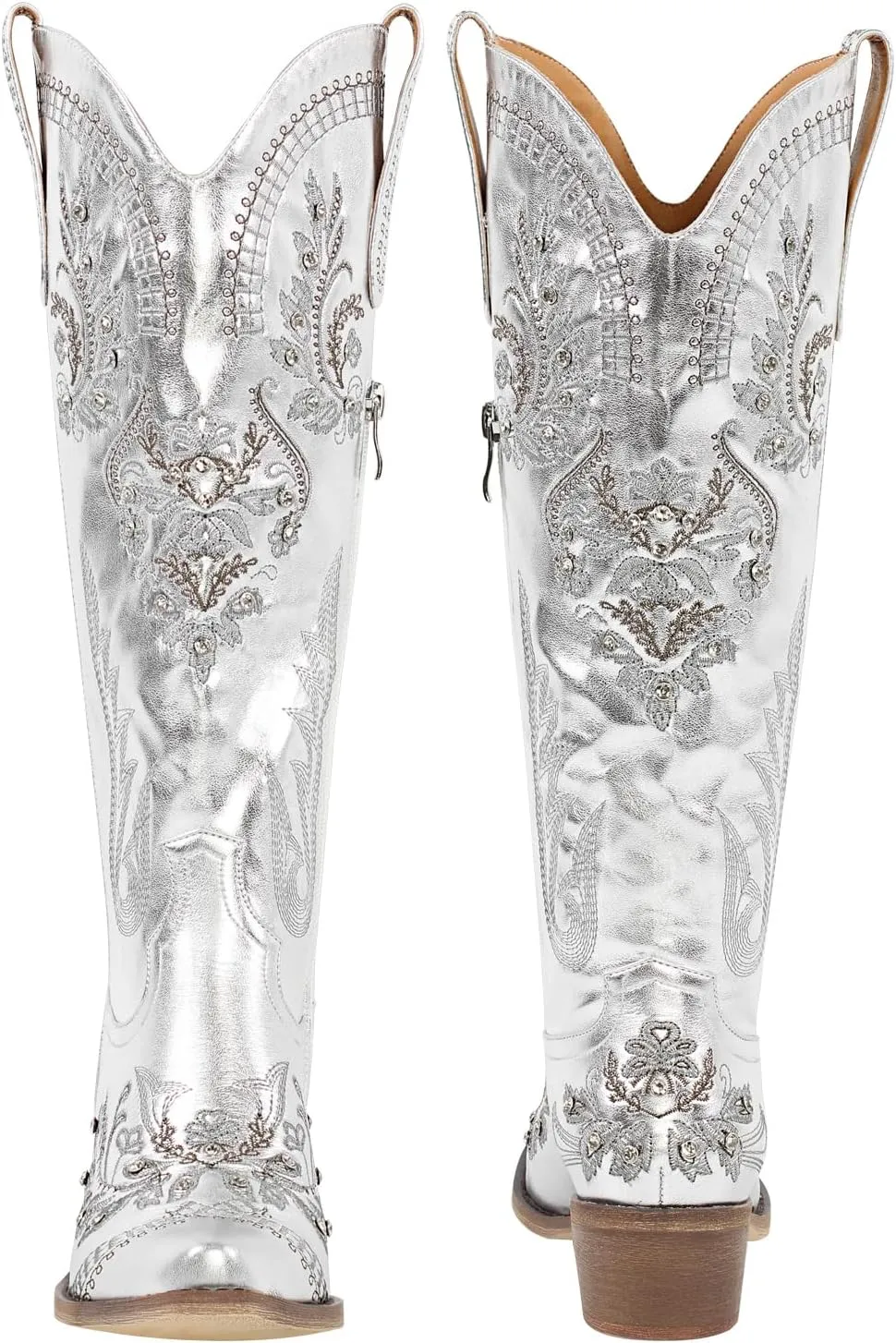 richealnini Women's Metallic Boots Embroidered Western Cowgirl Boots Pull-On Tab Knee High Booties with Crystal Outside Dress