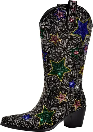 richealnini Women's Mid Calf Boots with Rhinestones Pull on Tab Block Heels Sparkly Stars Pattern Western Cowboy Boots