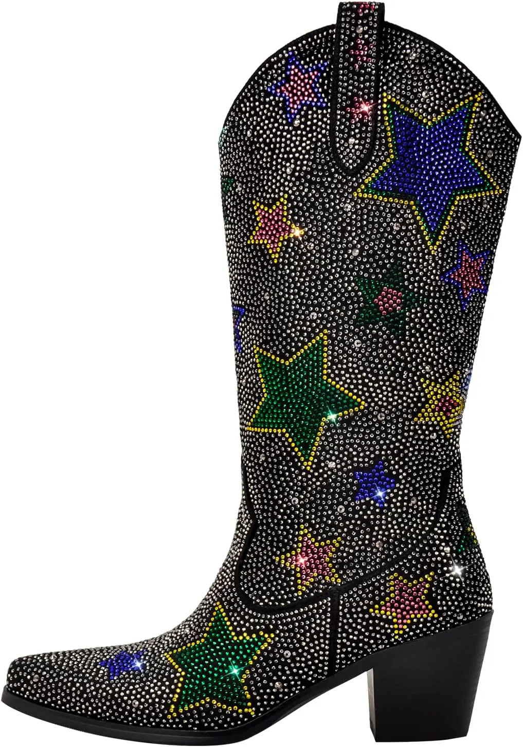 richealnini Women's Mid Calf Boots with Rhinestones Pull on Tab Block Heels Sparkly Stars Pattern Western Cowboy Boots