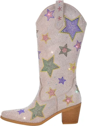 richealnini Women's Mid Calf Boots with Rhinestones Pull on Tab Block Heels Sparkly Stars Pattern Western Cowboy Boots