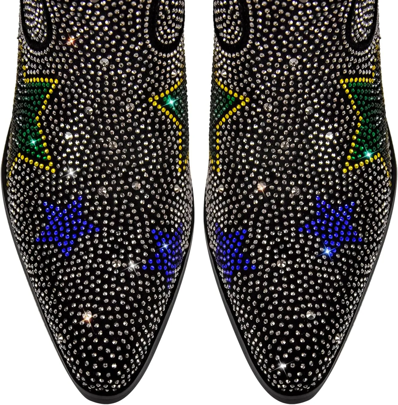 richealnini Women's Mid Calf Boots with Rhinestones Pull on Tab Block Heels Sparkly Stars Pattern Western Cowboy Boots