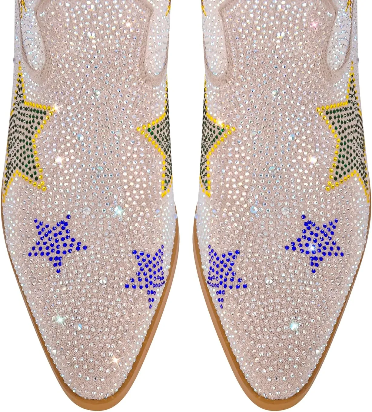 richealnini Women's Mid Calf Boots with Rhinestones Pull on Tab Block Heels Sparkly Stars Pattern Western Cowboy Boots