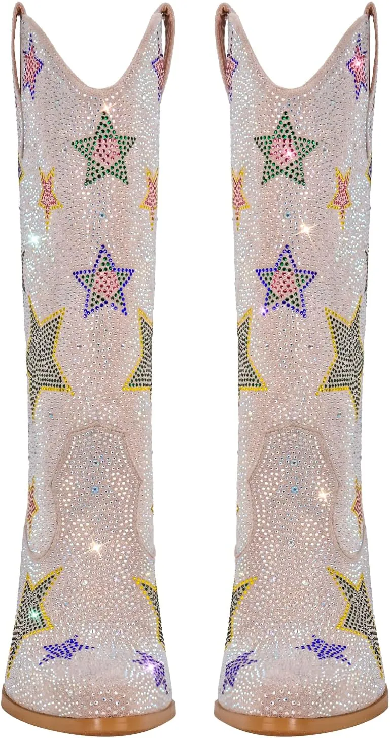 richealnini Women's Mid Calf Boots with Rhinestones Pull on Tab Block Heels Sparkly Stars Pattern Western Cowboy Boots