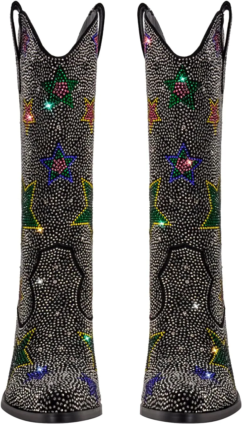 richealnini Women's Mid Calf Boots with Rhinestones Pull on Tab Block Heels Sparkly Stars Pattern Western Cowboy Boots