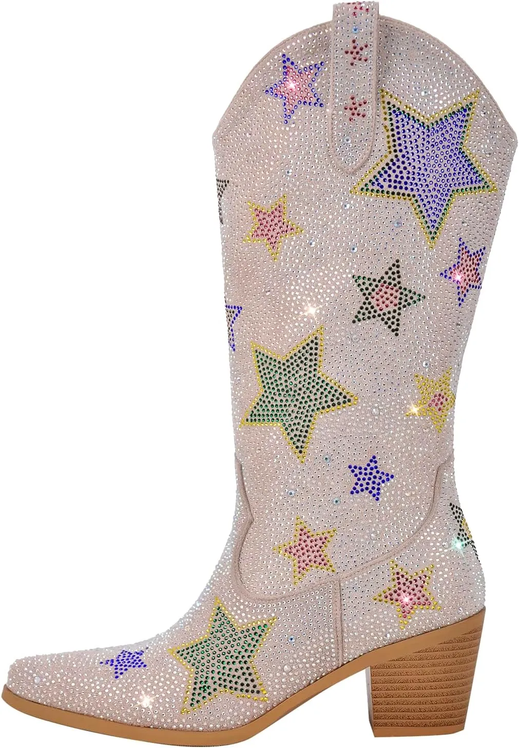 richealnini Women's Mid Calf Boots with Rhinestones Pull on Tab Block Heels Sparkly Stars Pattern Western Cowboy Boots
