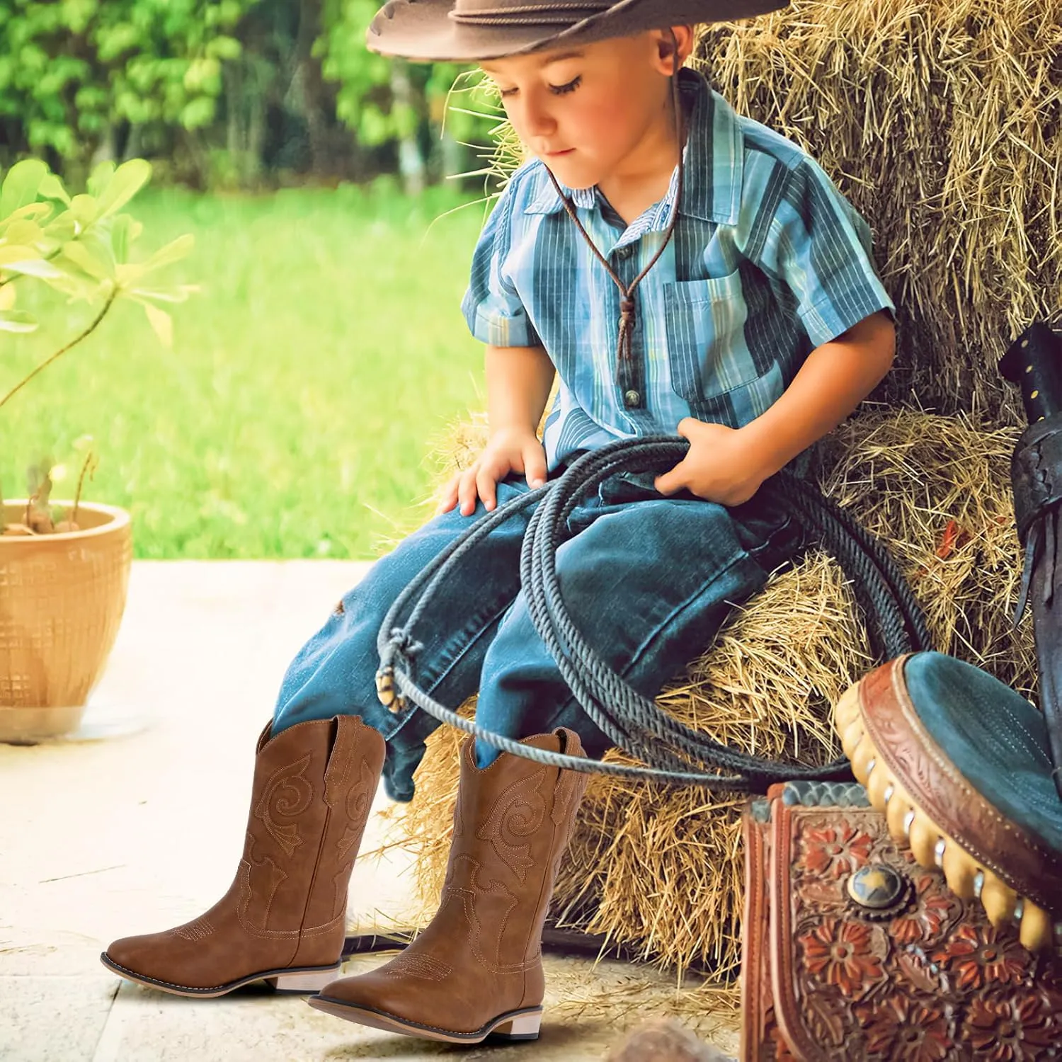 RLW Kids Cowboy Boots for Boys Girls Western Square Toe Youth Cowgirl Boots for Toddler Little & Big Kid
