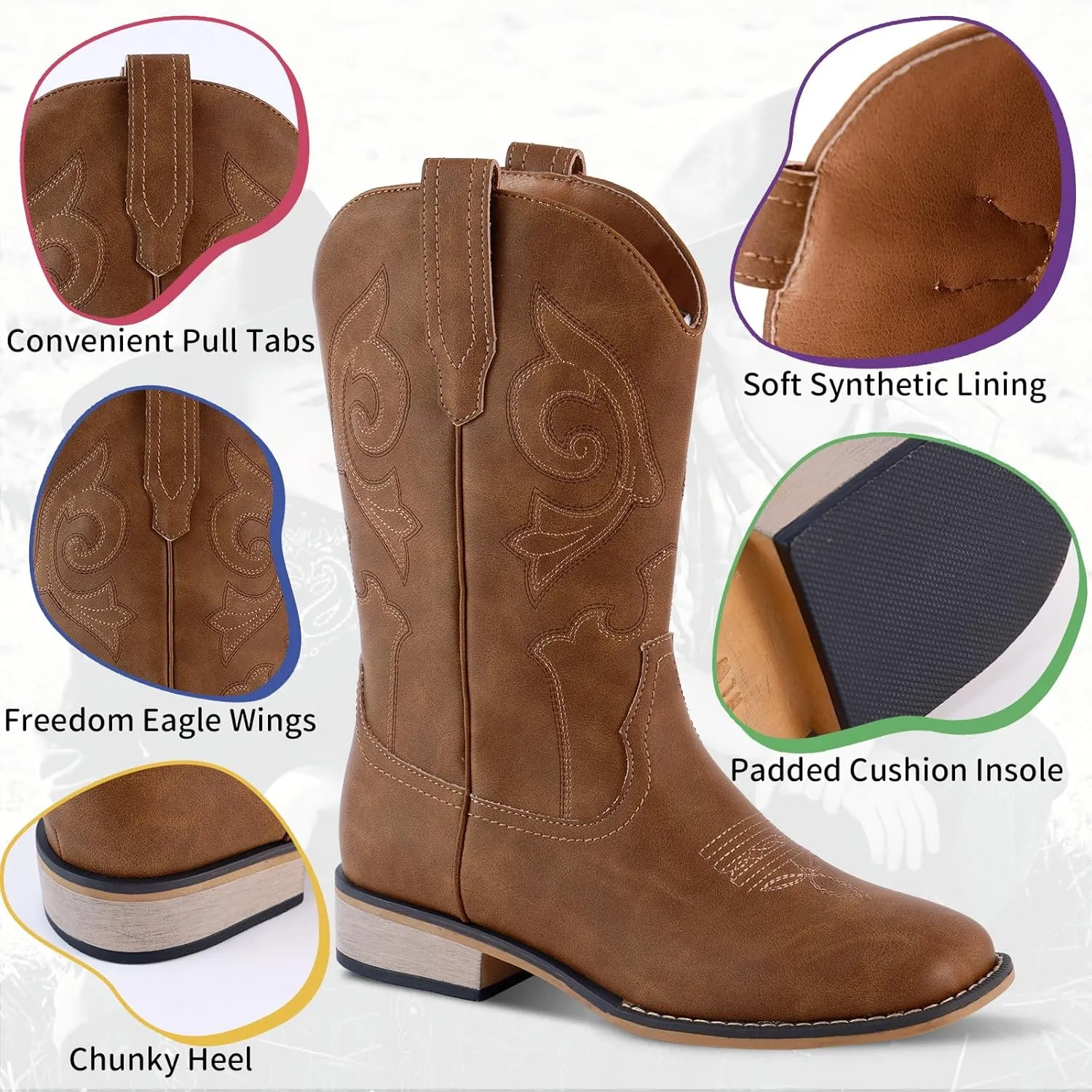 RLW Kids Cowboy Boots for Boys Girls Western Square Toe Youth Cowgirl Boots for Toddler Little & Big Kid