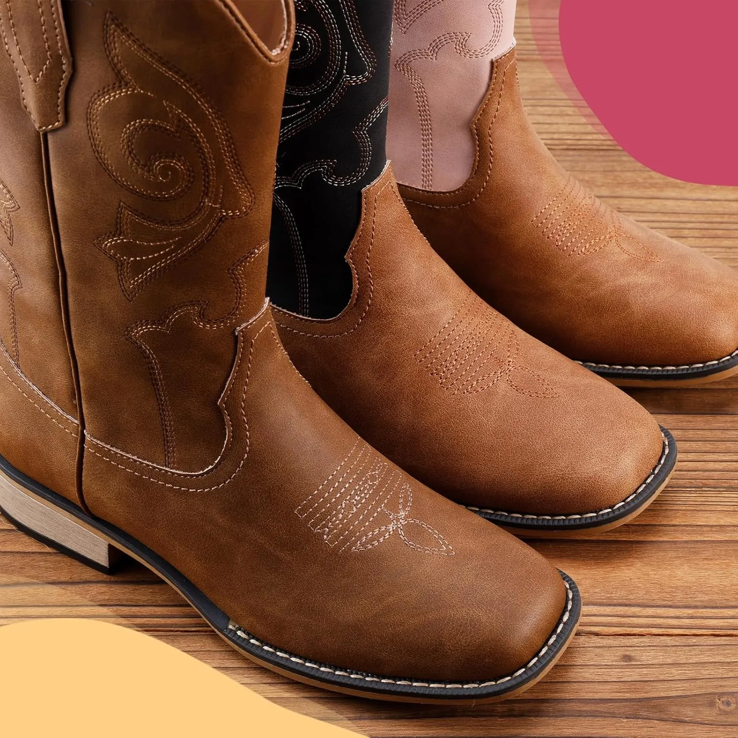 RLW Kids Cowboy Boots for Boys Girls Western Square Toe Youth Cowgirl Boots for Toddler Little & Big Kid