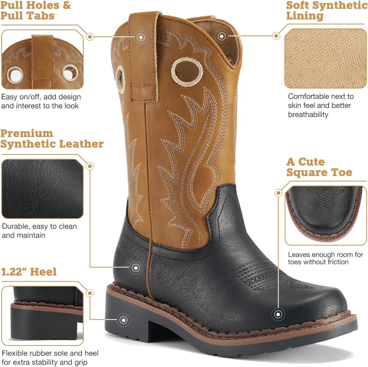 Rollda Boys Cowboy Boots Kids Western Boots Square Toe Girls Cowgirl Boots for Toddler/Little Kid/Big Kid