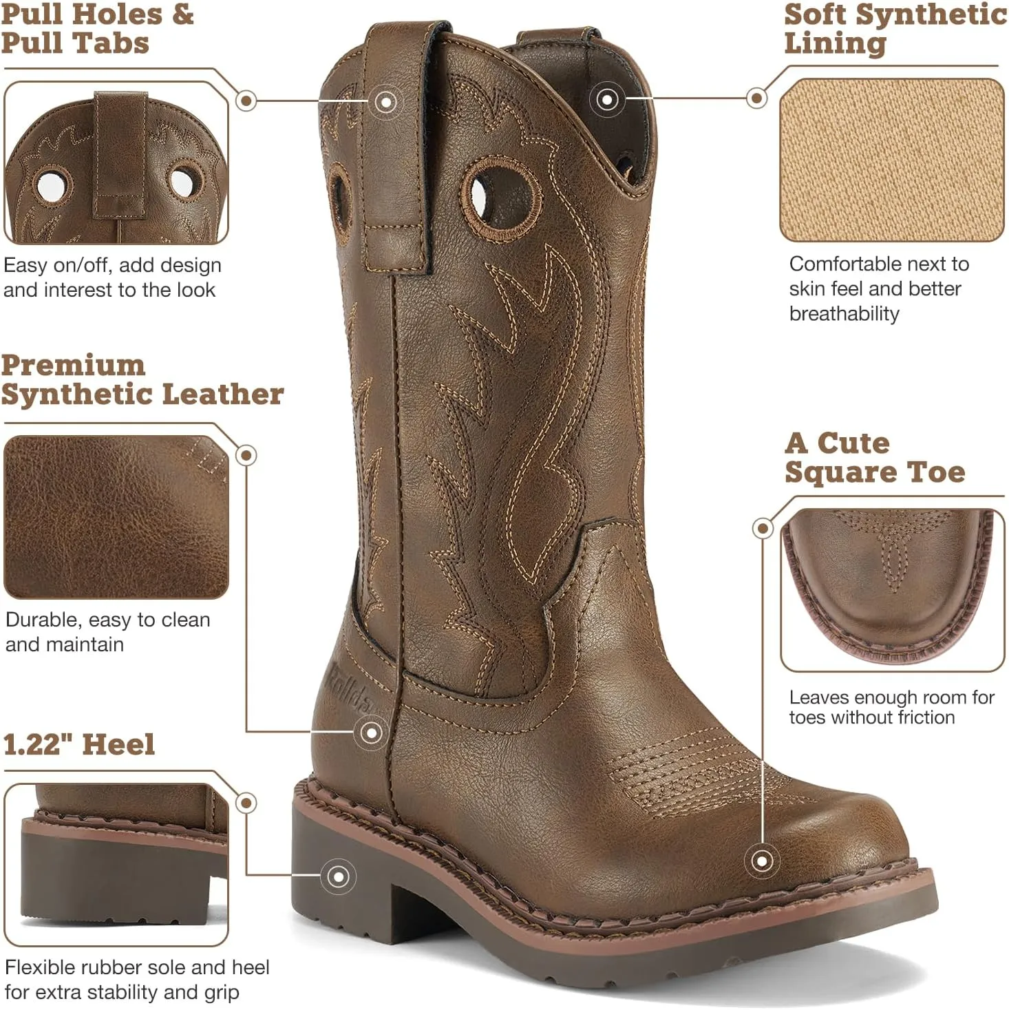 Rollda Boys Cowboy Boots Kids Western Boots Square Toe Girls Cowgirl Boots for Toddler/Little Kid/Big Kid
