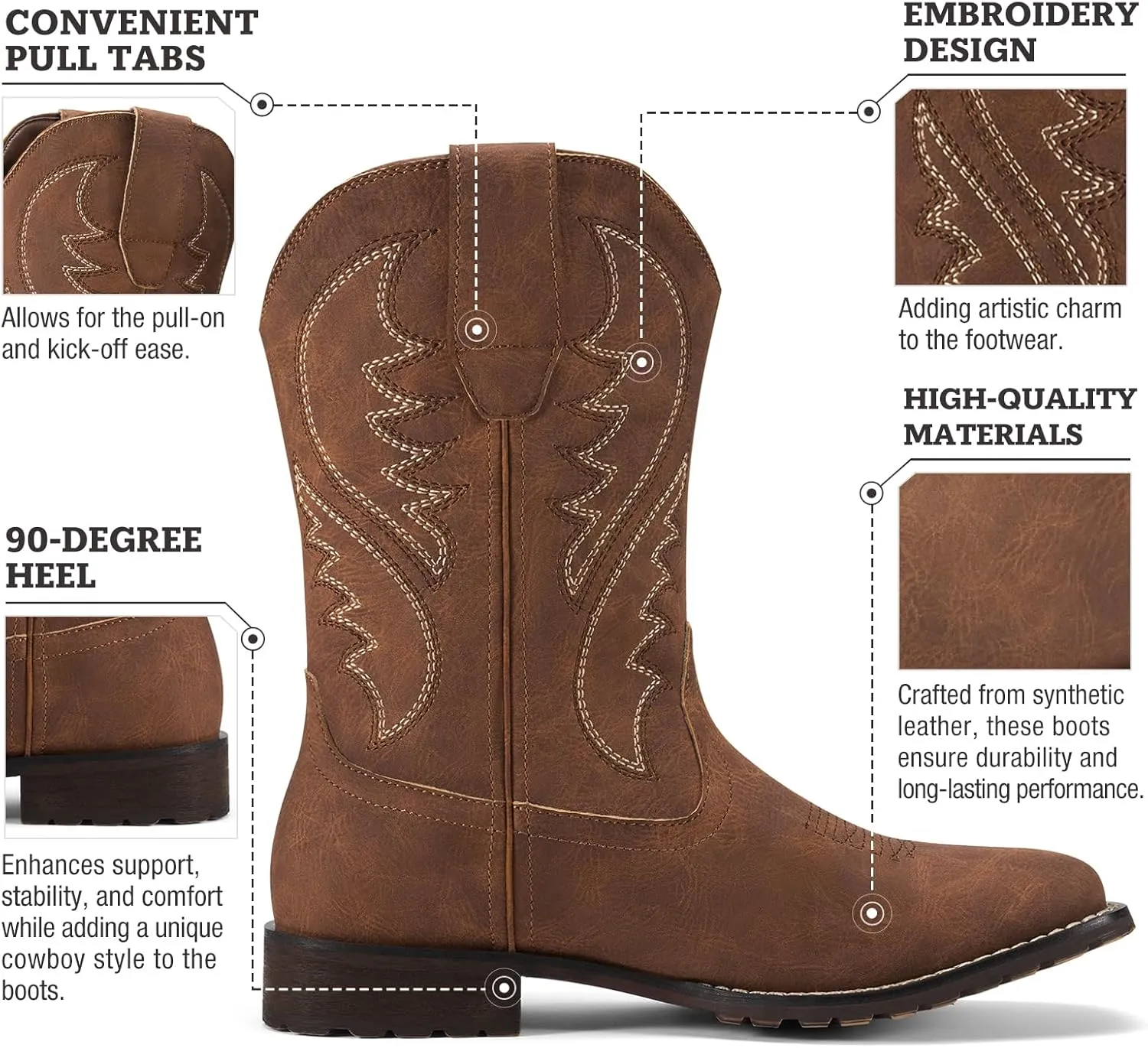 Rollda Cowboy Boots for Men Western Boots Men's Square Toe Chunky Heel Mid-Calf Boots Classic Embroidered Pull On Boots