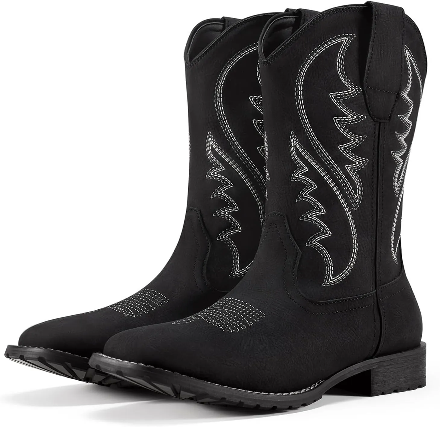 Rollda Cowboy Boots for Men Western Boots Men's Square Toe Chunky Heel Mid-Calf Boots Classic Embroidered Pull On Boots