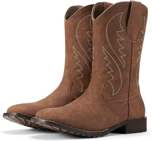 Rollda Cowboy Boots for Men Western Boots Men's Square Toe Chunky Heel Mid-Calf Boots Classic Embroidered Pull On Boots