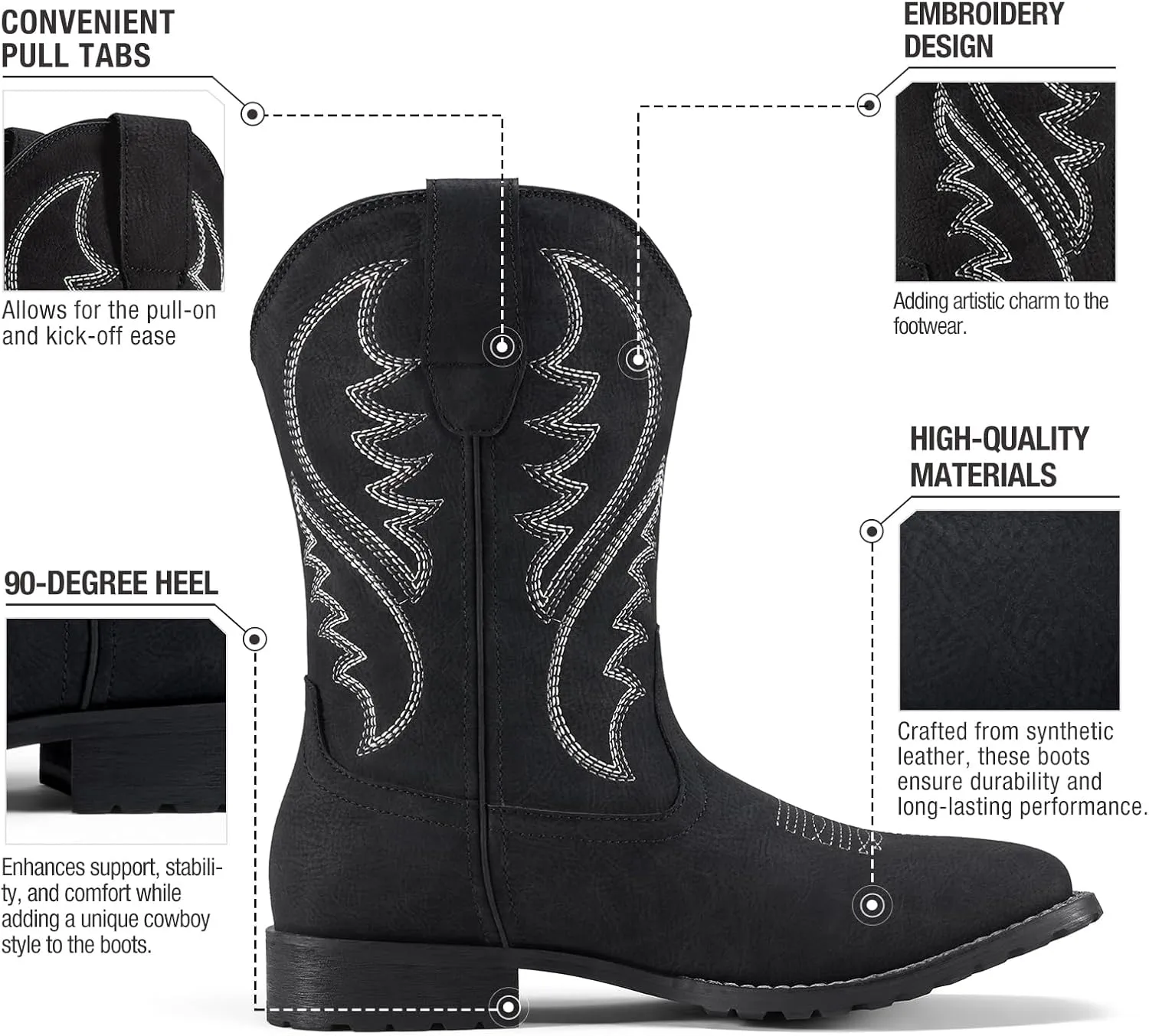 Rollda Cowboy Boots for Men Western Boots Men's Square Toe Chunky Heel Mid-Calf Boots Classic Embroidered Pull On Boots