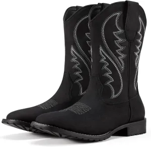 Rollda Cowboy Boots for Men Western Boots Men's Square Toe Chunky Heel Mid-Calf Boots Classic Embroidered Pull On Boots