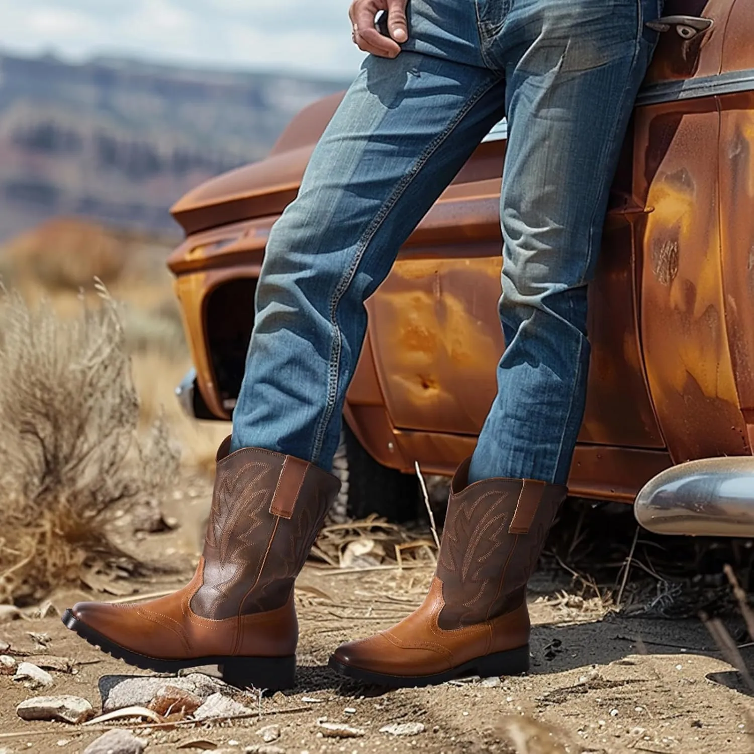 Rollda Cowboy Boots for Men Western Boots Square Toe Chunky Heel Mid-Calf Boots Classic Embroidered with Pull On Tabs