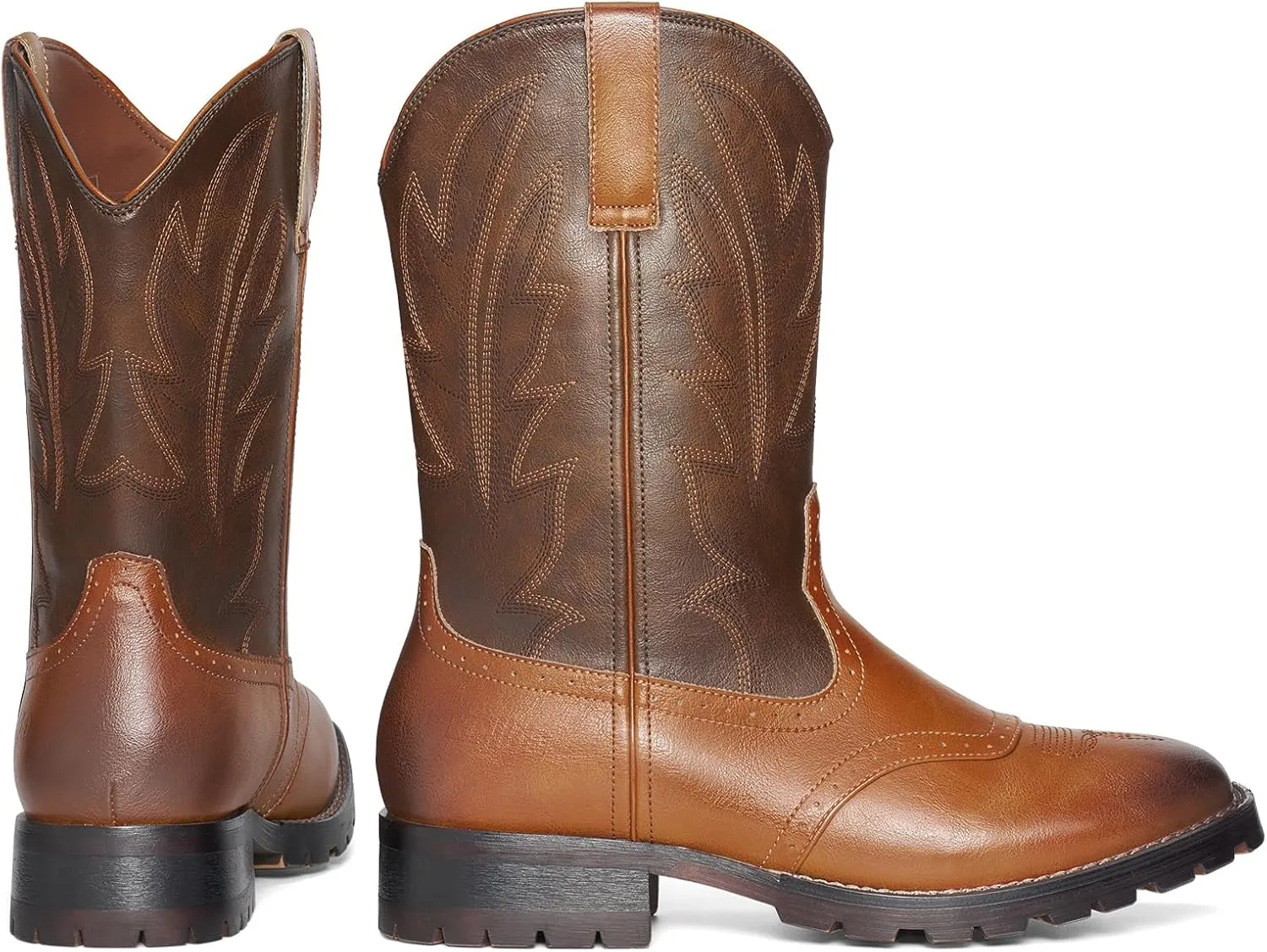 Rollda Cowboy Boots for Men Western Boots Square Toe Chunky Heel Mid-Calf Boots Classic Embroidered with Pull On Tabs