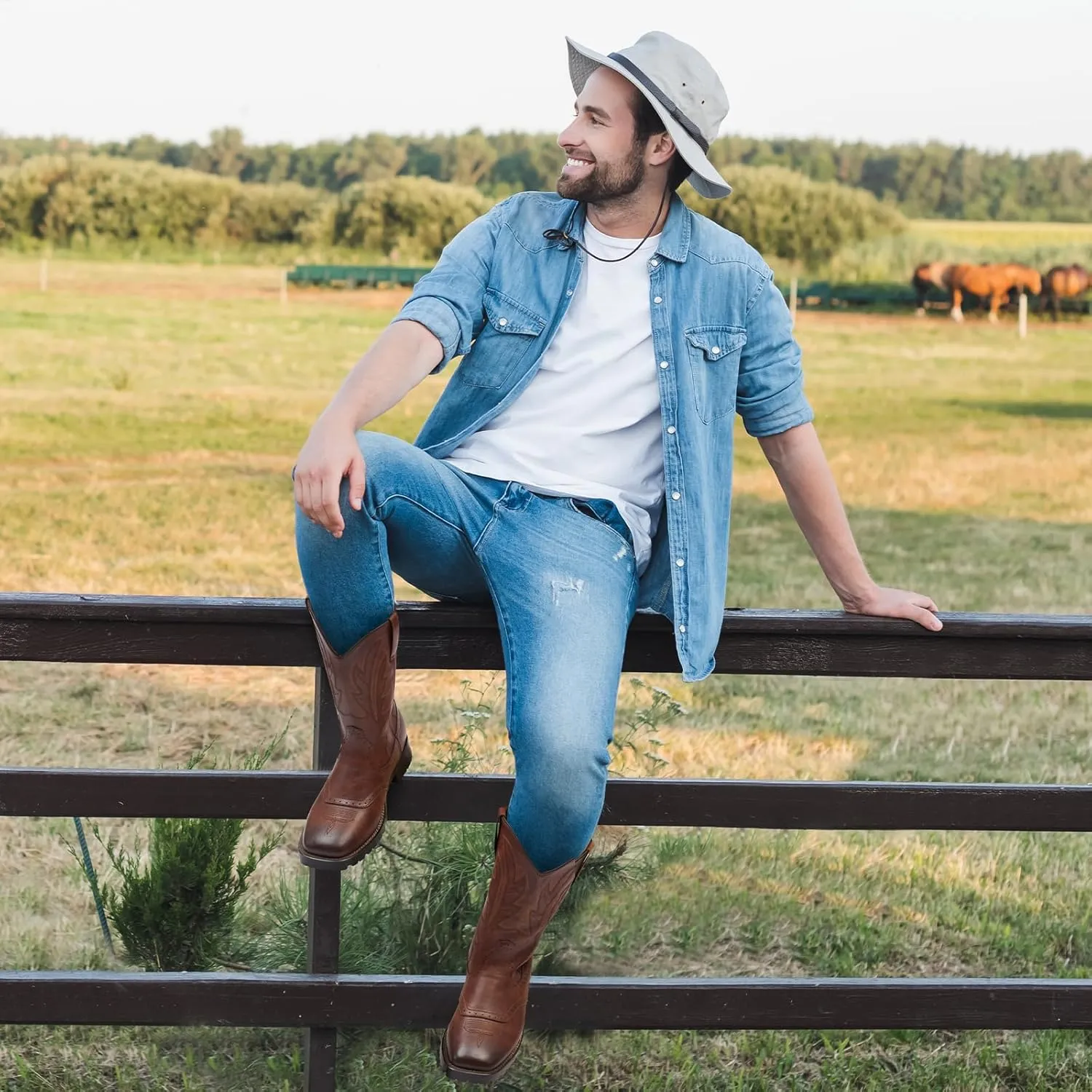 Rollda Cowboy Boots for Men Western Boots Square Toe Chunky Heel Mid-Calf Boots Classic Embroidered with Pull On Tabs