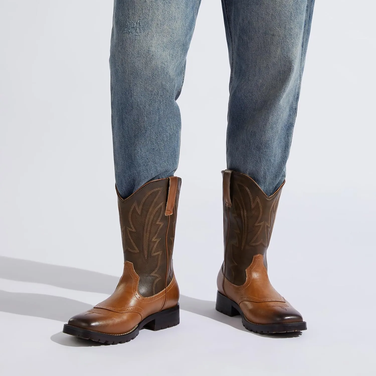 Rollda Cowboy Boots for Men Western Boots Square Toe Chunky Heel Mid-Calf Boots Classic Embroidered with Pull On Tabs