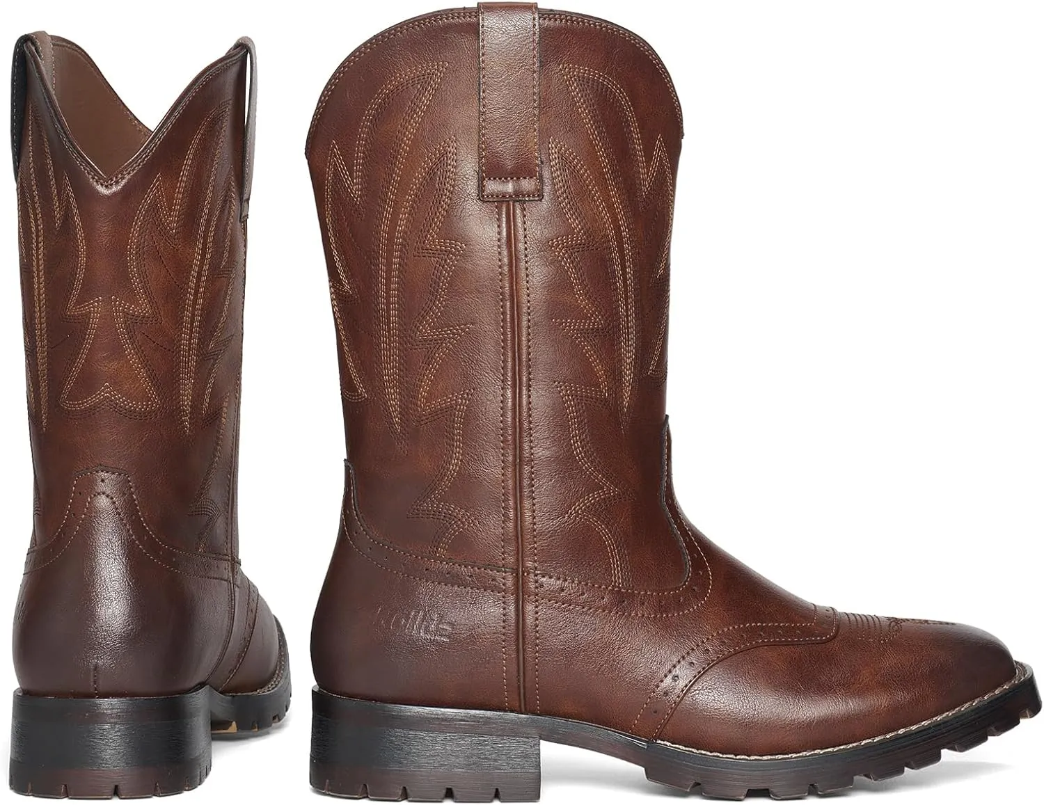 Rollda Cowboy Boots for Men Western Boots Square Toe Chunky Heel Mid-Calf Boots Classic Embroidered with Pull On Tabs