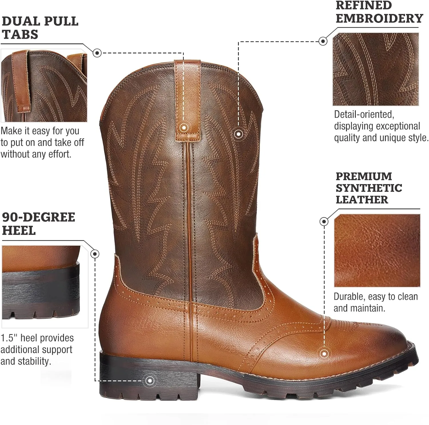Rollda Cowboy Boots for Men Western Boots Square Toe Chunky Heel Mid-Calf Boots Classic Embroidered with Pull On Tabs