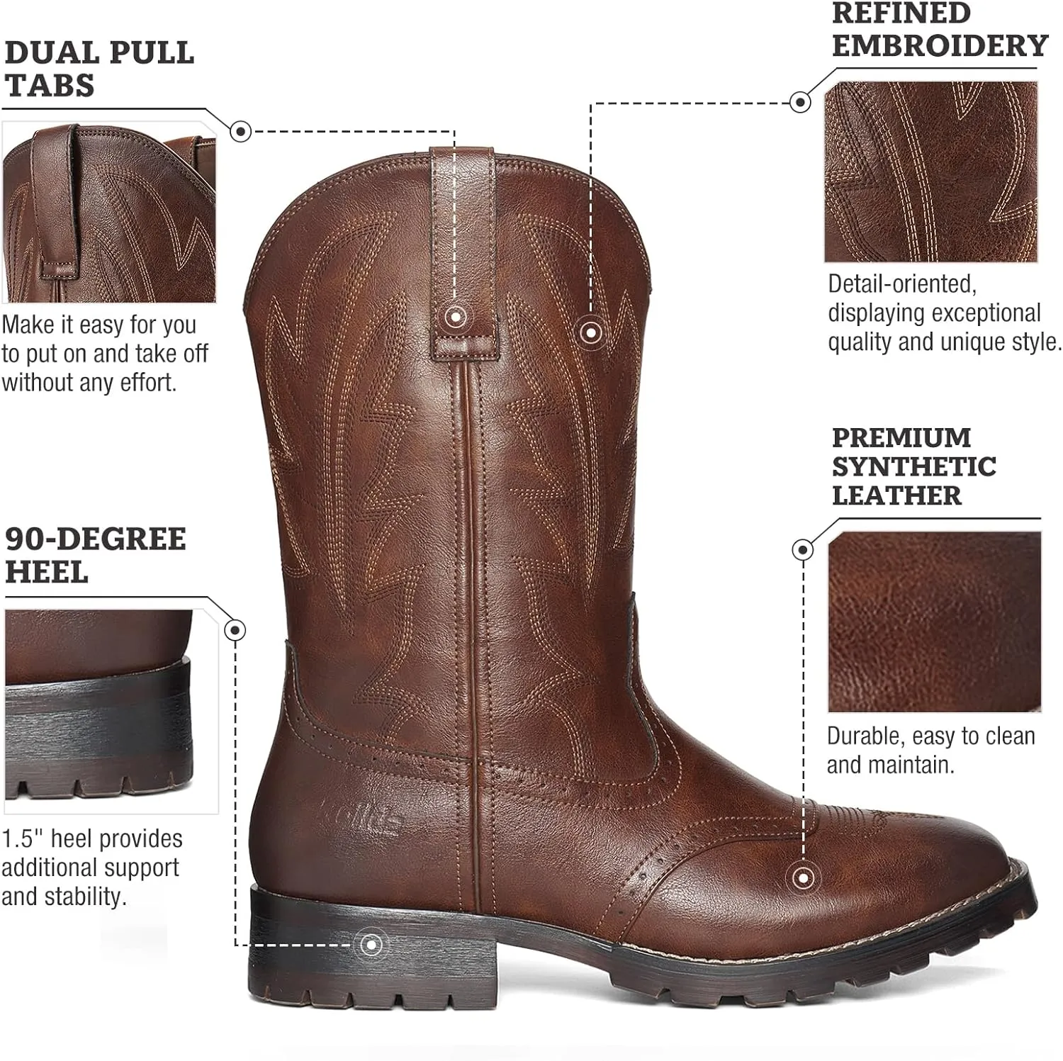 Rollda Cowboy Boots for Men Western Boots Square Toe Chunky Heel Mid-Calf Boots Classic Embroidered with Pull On Tabs