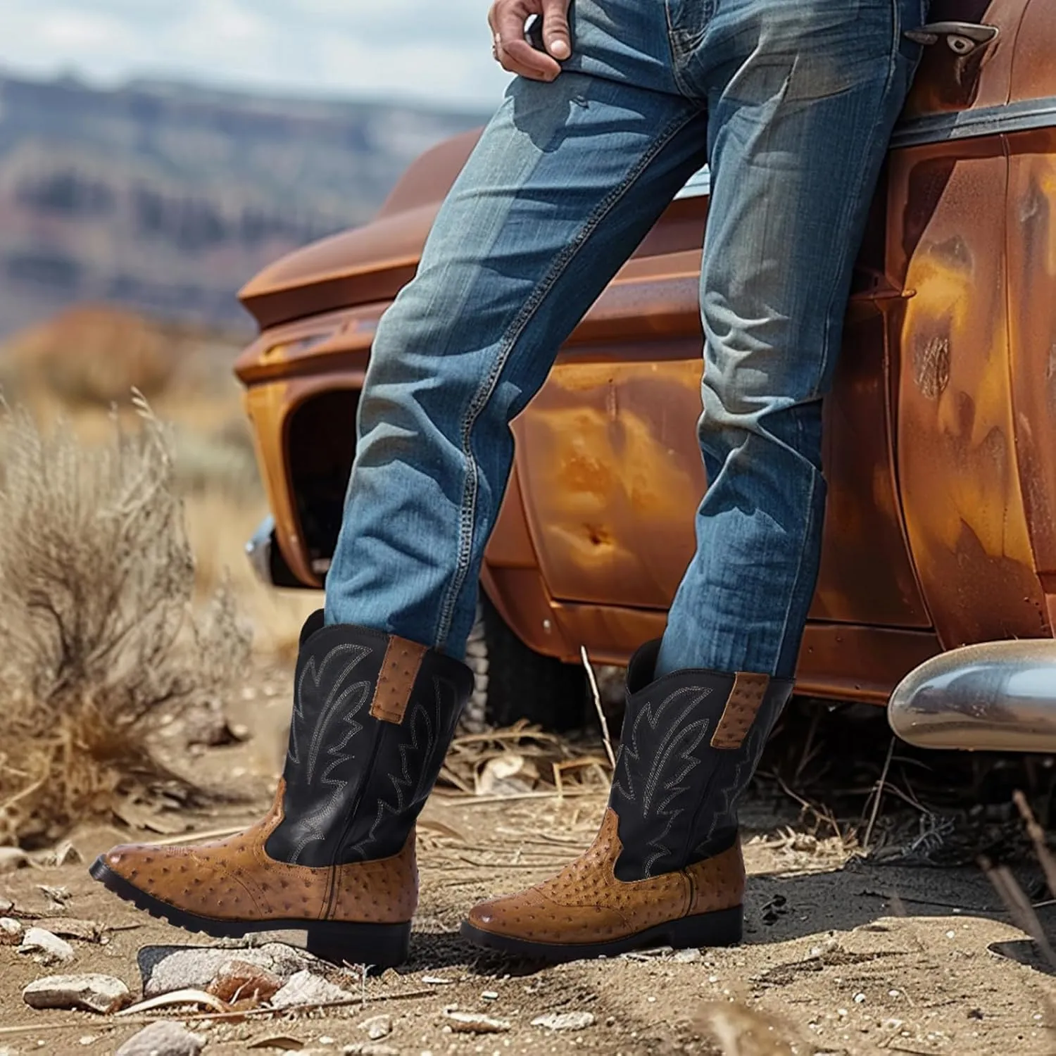 Rollda Cowboy Boots for Men Western Boots Square Toe Chunky Heel Mid-Calf Boots Classic Embroidered with Pull On Tabs