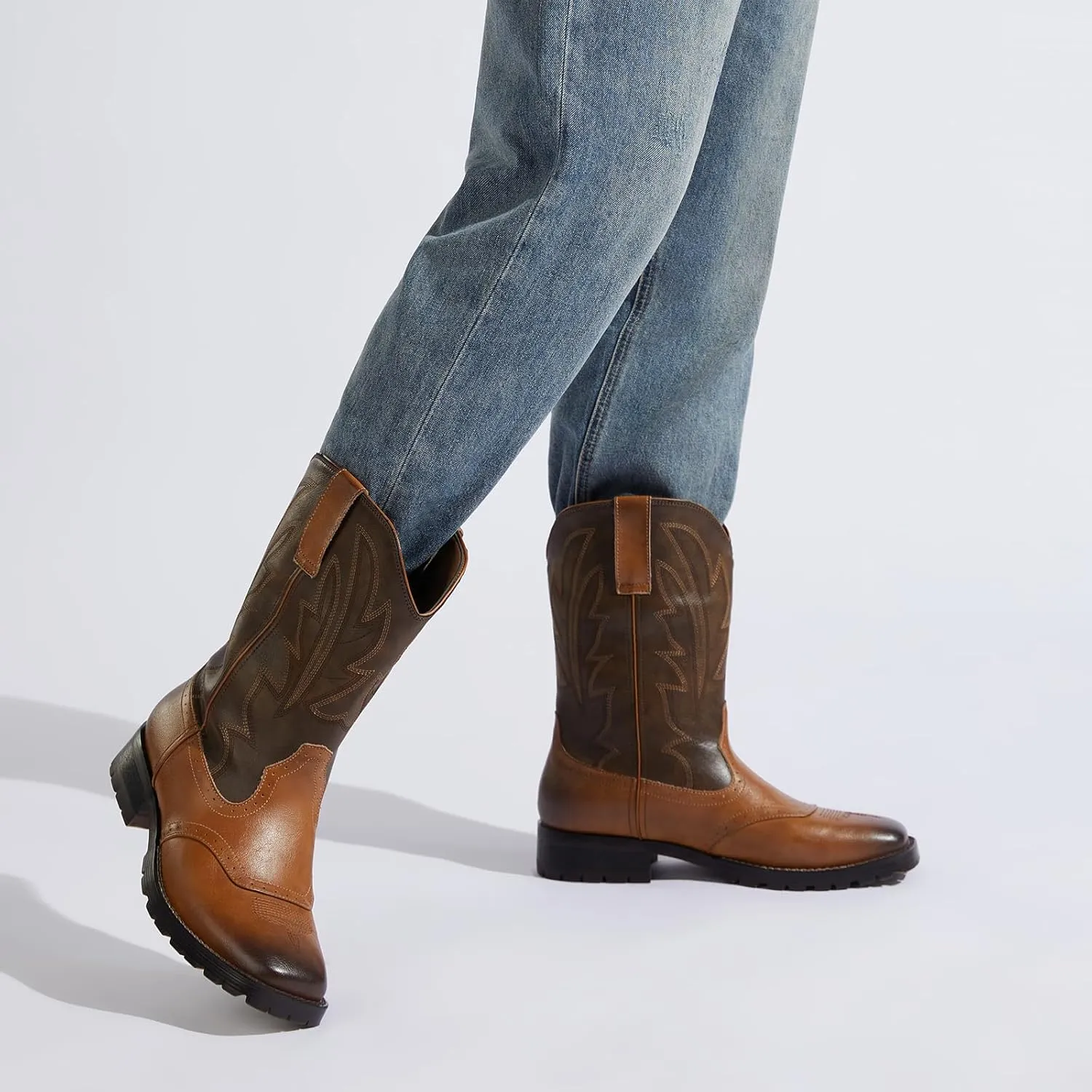 Rollda Cowboy Boots for Men Western Boots Square Toe Chunky Heel Mid-Calf Boots Classic Embroidered with Pull On Tabs