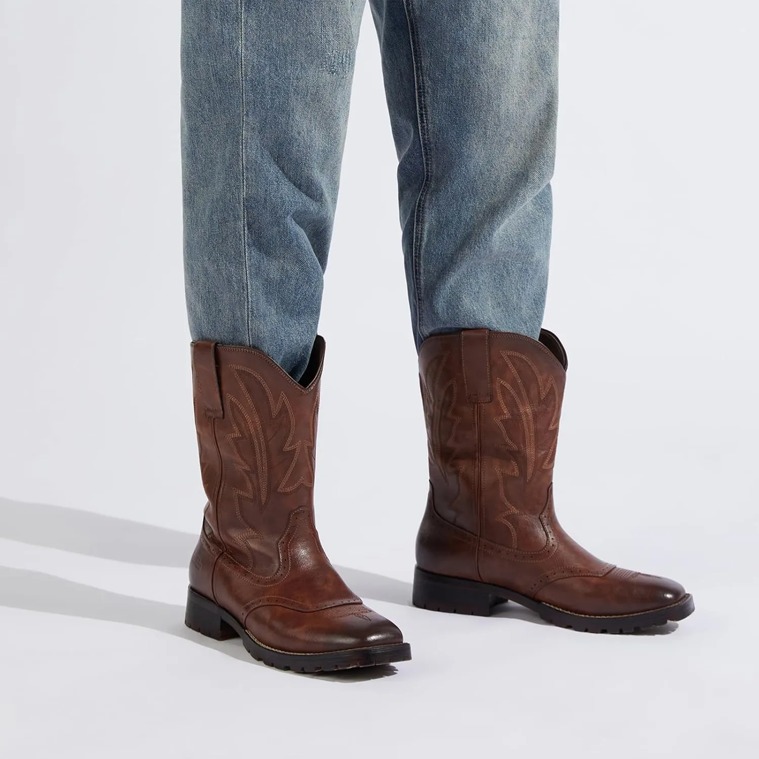 Rollda Cowboy Boots for Men Western Boots Square Toe Chunky Heel Mid-Calf Boots Classic Embroidered with Pull On Tabs