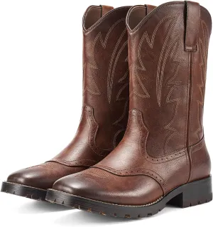 Rollda Cowboy Boots for Men Western Boots Square Toe Chunky Heel Mid-Calf Boots Classic Embroidered with Pull On Tabs