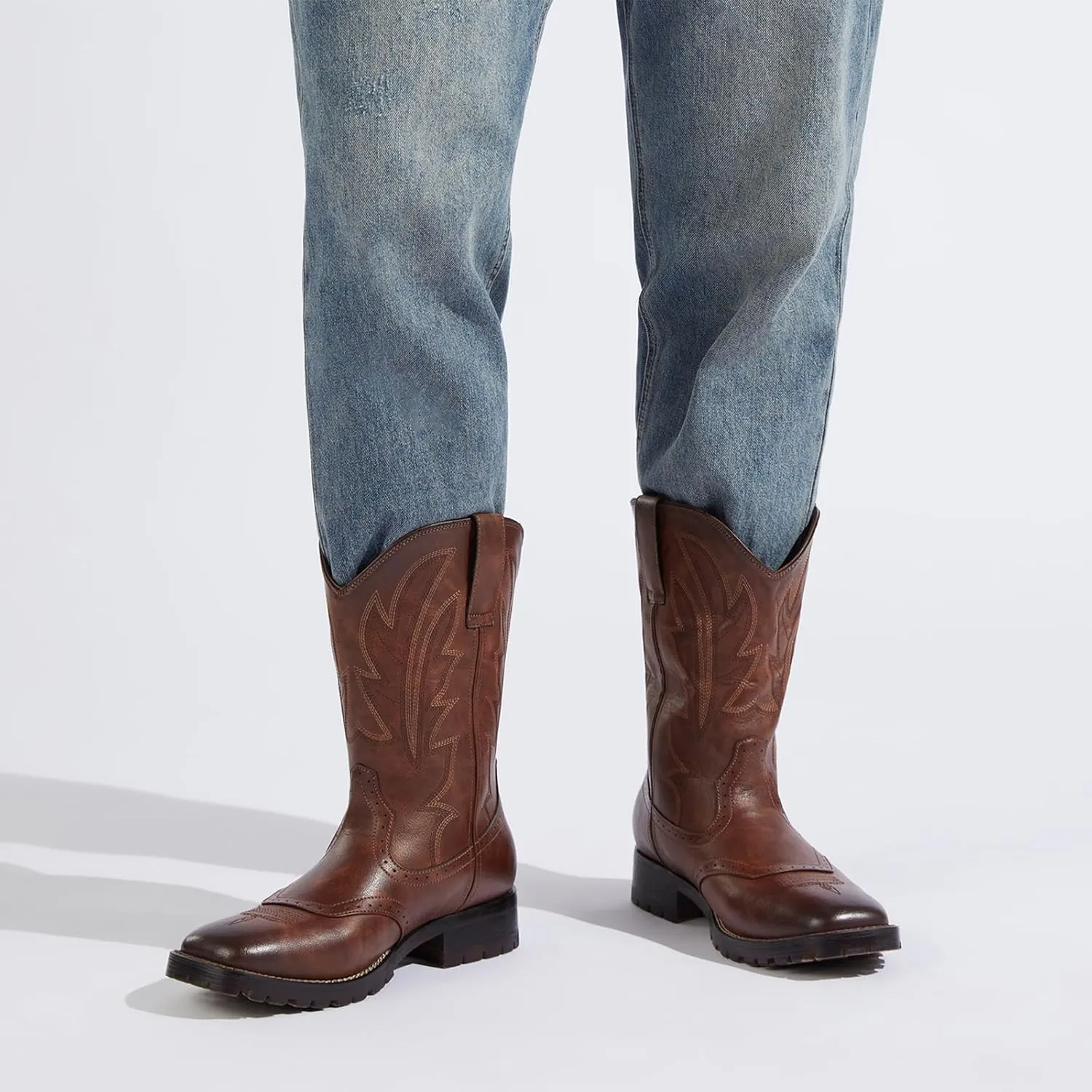 Rollda Cowboy Boots for Men Western Boots Square Toe Chunky Heel Mid-Calf Boots Classic Embroidered with Pull On Tabs