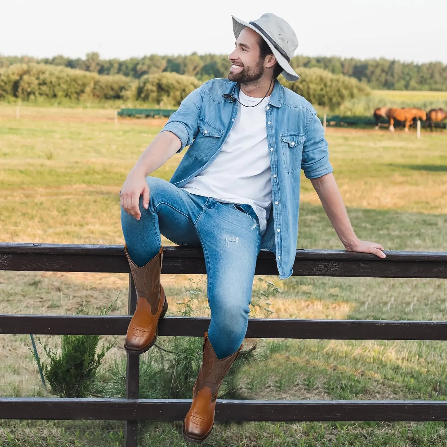 Rollda Cowboy Boots for Men Western Boots Square Toe Chunky Heel Mid-Calf Boots Classic Embroidered with Pull On Tabs