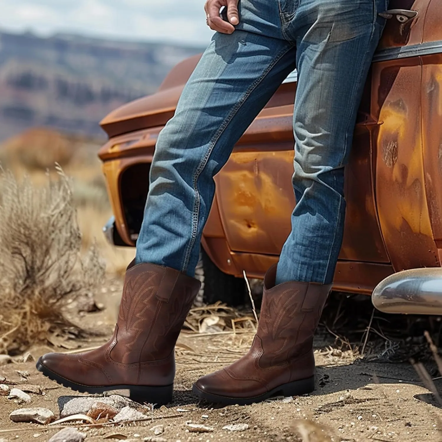Rollda Cowboy Boots for Men Western Boots Square Toe Chunky Heel Mid-Calf Boots Classic Embroidered with Pull On Tabs
