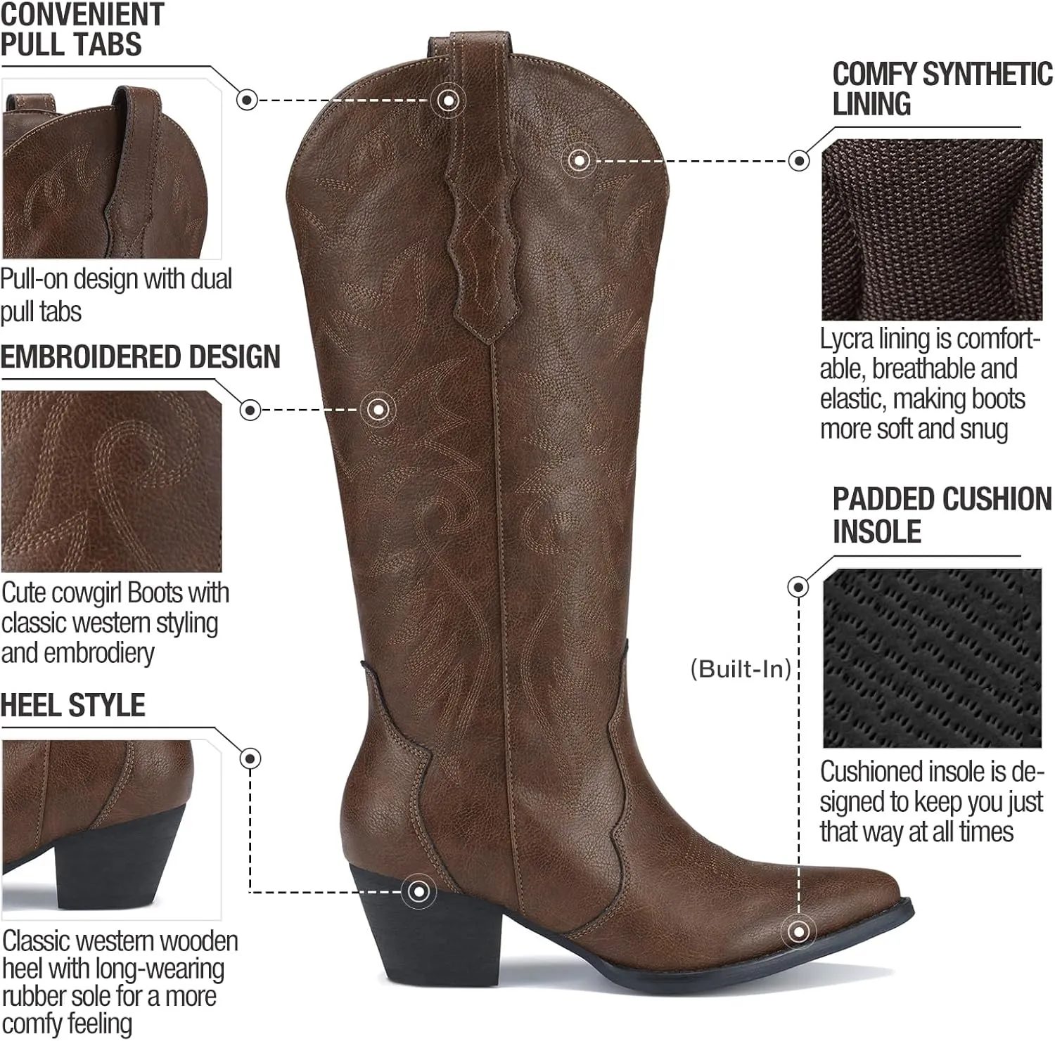 Rollda Cowboy Boots for Women Cowgirl Boots Embroidered Knee-High Western Boots Pointy Toe with Chunky Heel