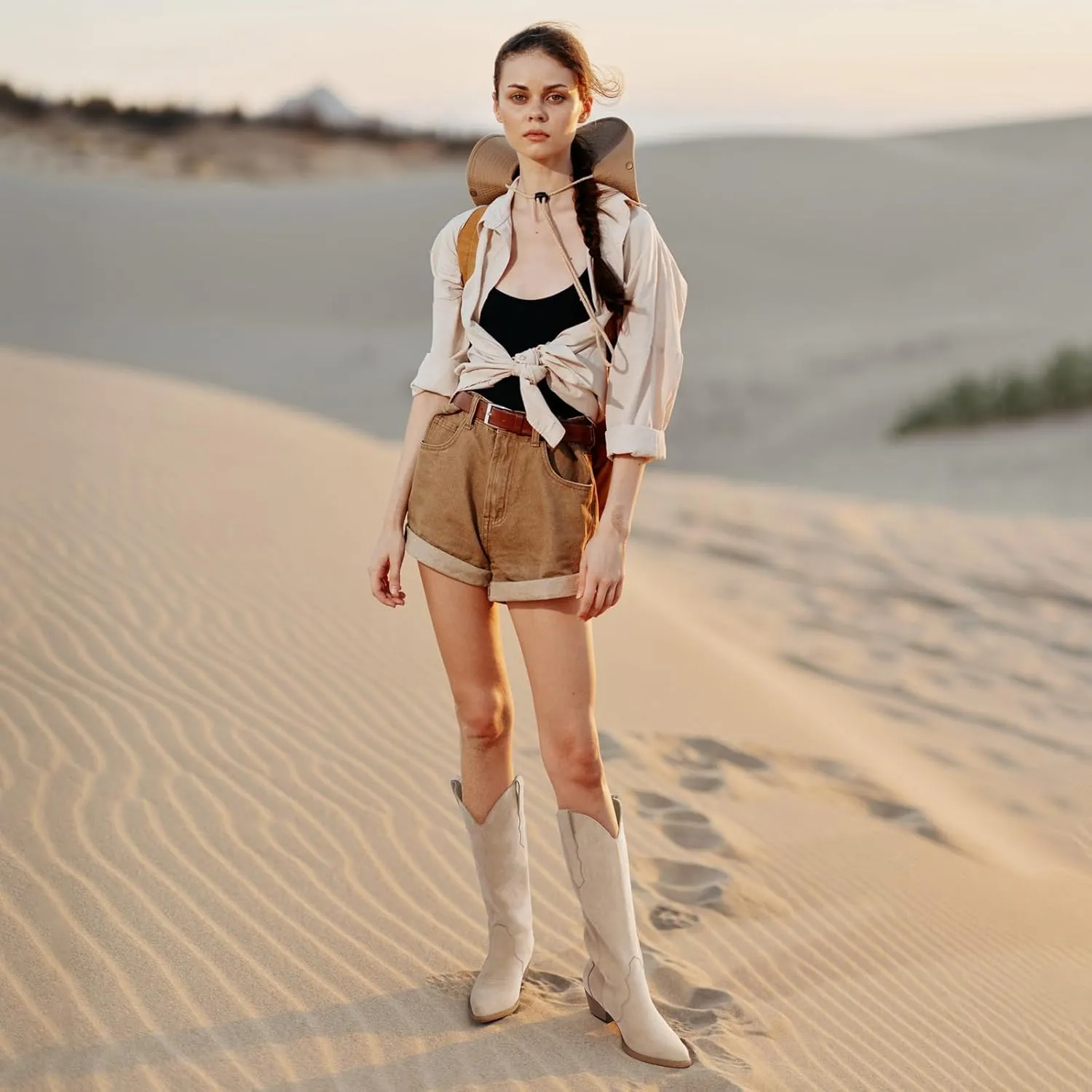 Rollda Cowboy Boots for Women Cowgirl Boots Embroidered Knee-High Western Boots Pointy Toe with Chunky Heel