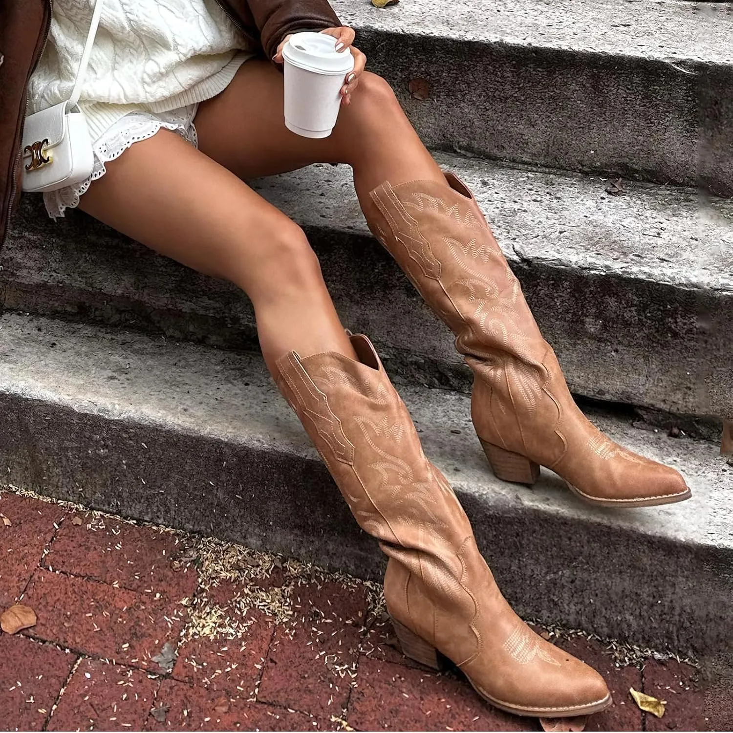 Rollda Cowboy Boots for Women Cowgirl Boots Embroidered Knee-High Western Boots Pointy Toe with Chunky Heel