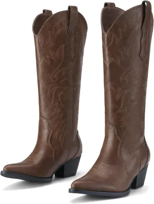 Rollda Cowboy Boots for Women Cowgirl Boots Embroidered Knee-High Western Boots Pointy Toe with Chunky Heel