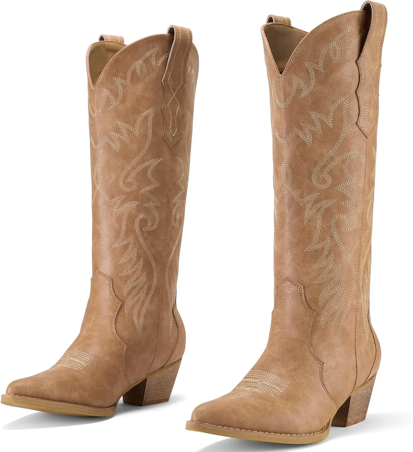 Rollda Cowboy Boots for Women Cowgirl Boots Embroidered Knee-High Western Boots Pointy Toe with Chunky Heel