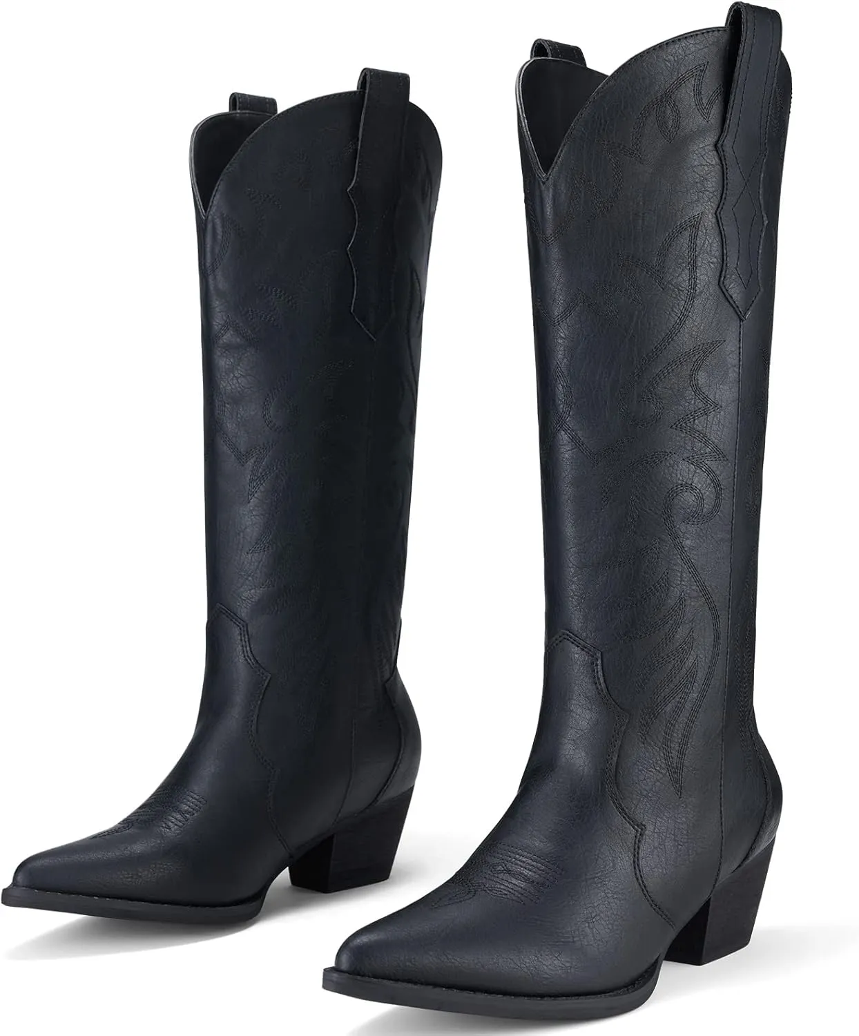 Rollda Cowboy Boots for Women Cowgirl Boots Embroidered Knee-High Western Boots Pointy Toe with Chunky Heel