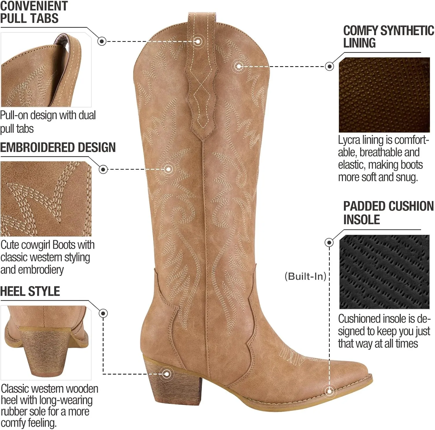 Rollda Cowboy Boots for Women Cowgirl Boots Embroidered Knee-High Western Boots Pointy Toe with Chunky Heel