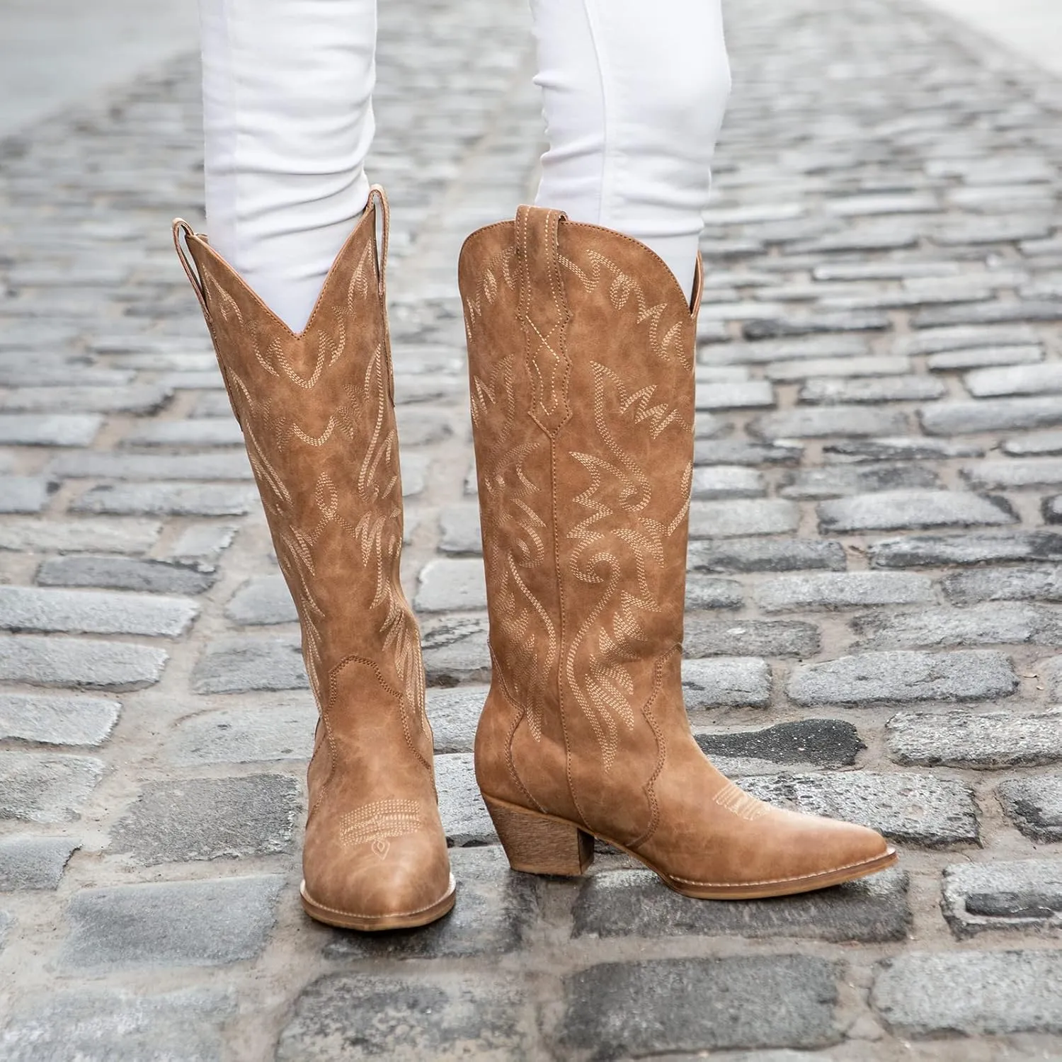 Rollda Cowboy Boots for Women Cowgirl Boots Embroidered Knee-High Western Boots Pointy Toe with Chunky Heel