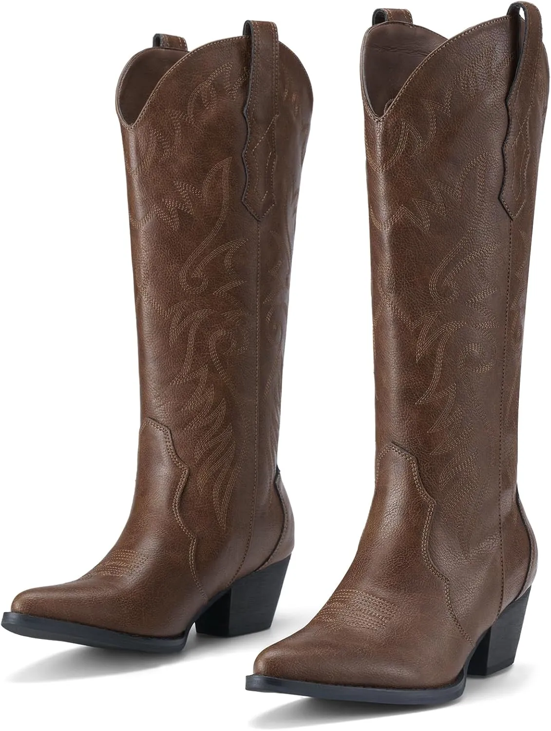Rollda Cowboy Boots for Women Cowgirl Boots Embroidered Knee-High Western Boots Pointy Toe with Chunky Heel
